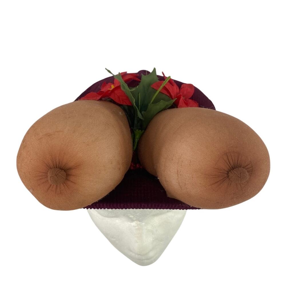 Vtg 80s Moja Corduroy Boobs Nipple Snapback Flower Hat Trucker Novelty Cap Korea